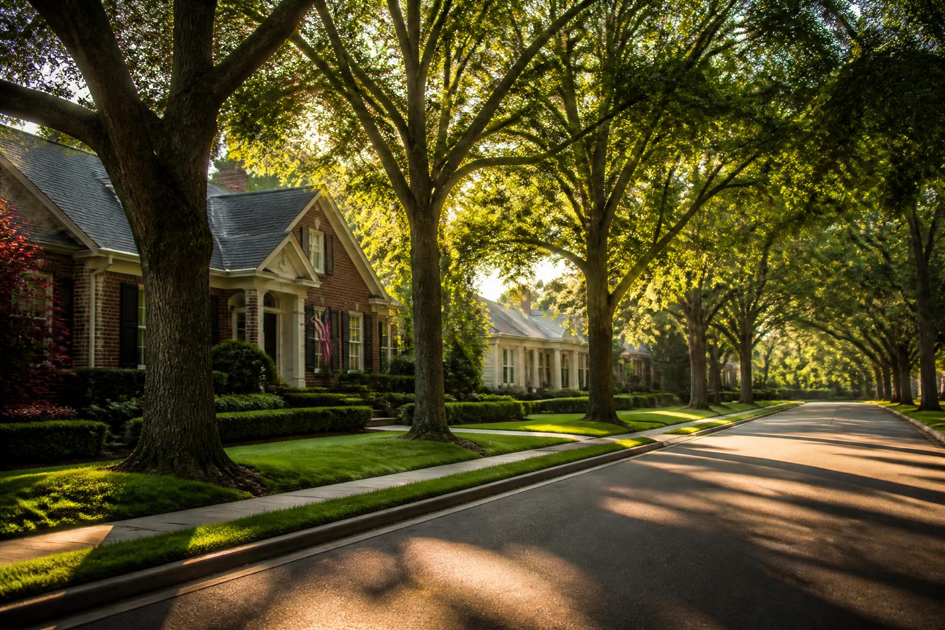 A welcoming, tree-lined residential neighborhood at golden hour, representing the Augusta, Georgia communities MERRSEA Real Estate serves